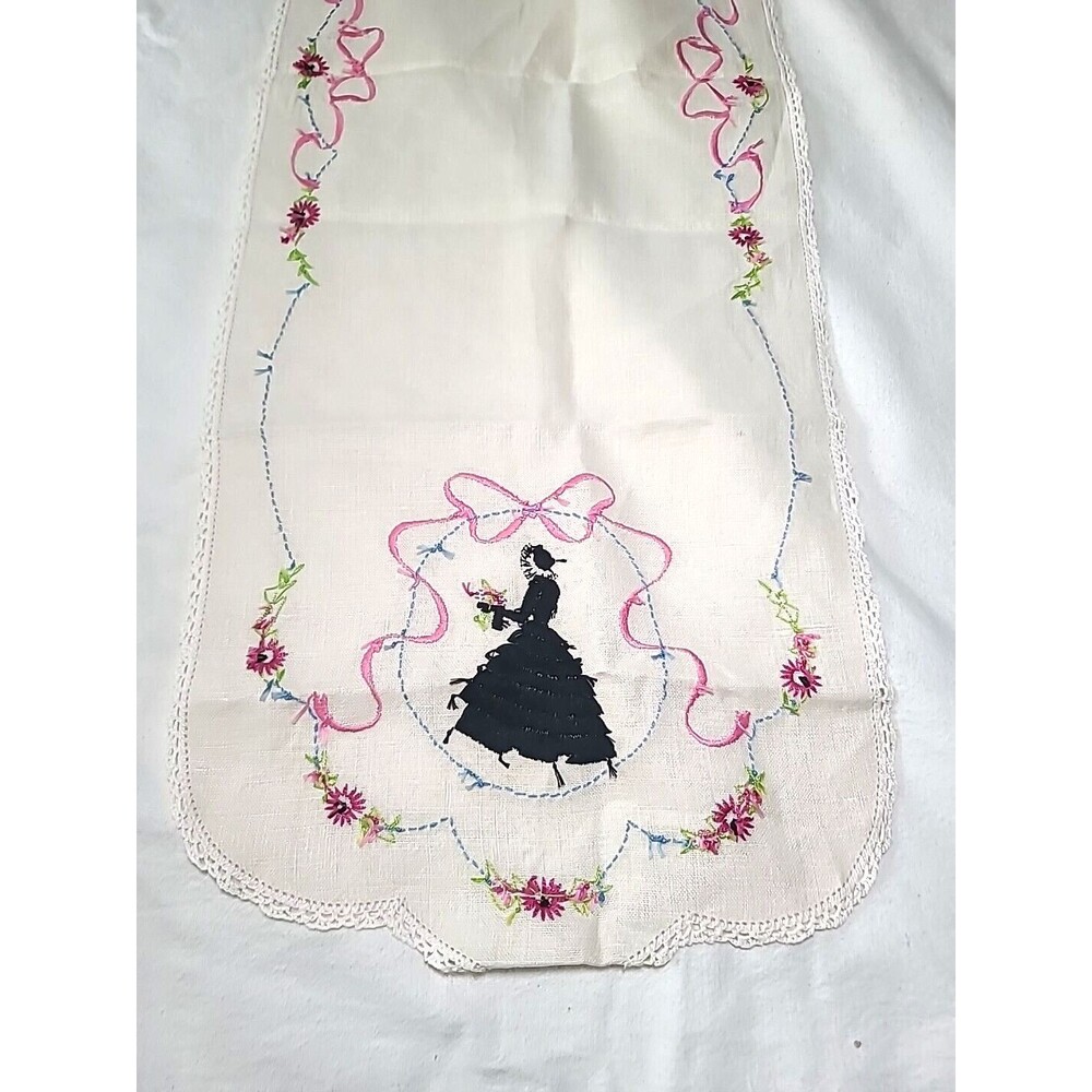 Vintage Handmade Embroidered Dresser Scarf Tablerunner Victorian 40"x13" - Picture 5 of 5